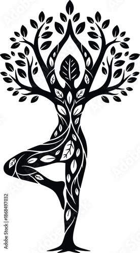 Yoga tree pose silhouette illustration blending human figure and nature leaves, symbolizing balance, mindfulness, wellness and spiritual harmony concept