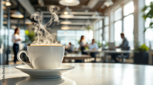 Cup of coffee with rising steam in the foreground of a large modern office with employees working. Conceptualizing morning mood and productivity and a professional business lifestyle.