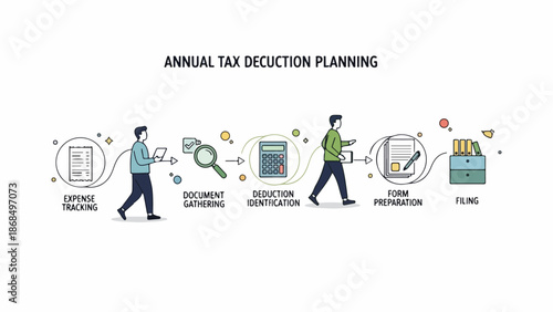 Infographic illustration of annual tax deduction planning process with office workers and icons on a white background.