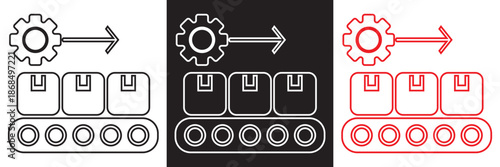 Factory Industry Icons Set in Red Black. Minimal factory and manufacturing icons production, automation, and energy concepts, presented as clean vector illustrations in black, white EPS10/AI.
