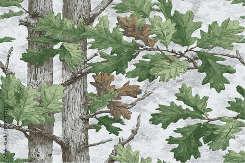 Oak tree camouflage pattern with green and brown leaves for hunting.Forest real tree hunting camouflage seamless pattern design for hunting uniform. Hunting camouflage.