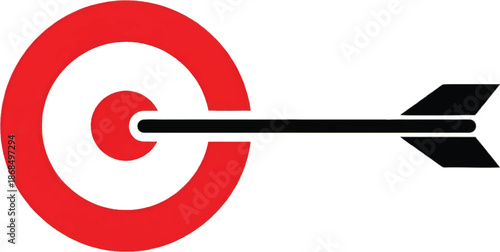 Red target with black arrow hitting the bullseye on white background, symbolizing business success, achievement, marketing strategy, goal setting, accuracy, and precision.