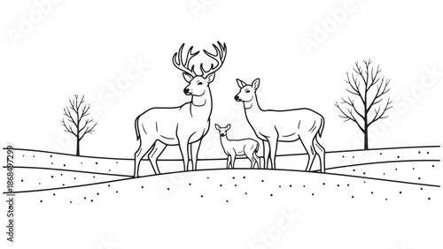Minimalist line art vector illustration of a family of deer standing in a snowy field for winter nature wildlife and holiday season concepts