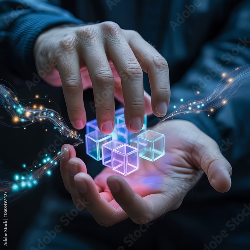 Macro shot of human hands assembling floating
quantum particles and light cubes, abstract quantum computing visualization, dark background with glowing particles,