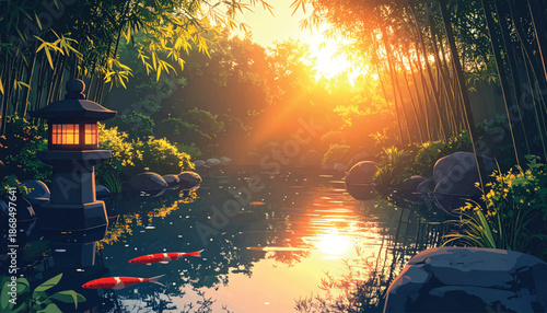 Sunbeams over bamboo river with koi for wellness campaign art. Glowing lantern garden stream ideal for meditation app screens. Cinematic sunrise waterscape perfect for luxury resort branding