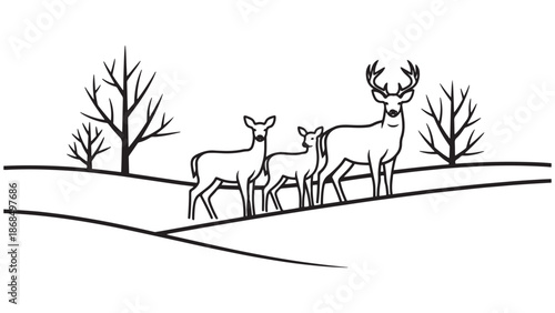 Deer Family on Rolling Hills Line Illustration for Wildlife Conservation, Scenic Landscapes and Nature Education