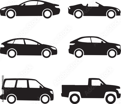 Silhouettes of various cars and trucks on white background