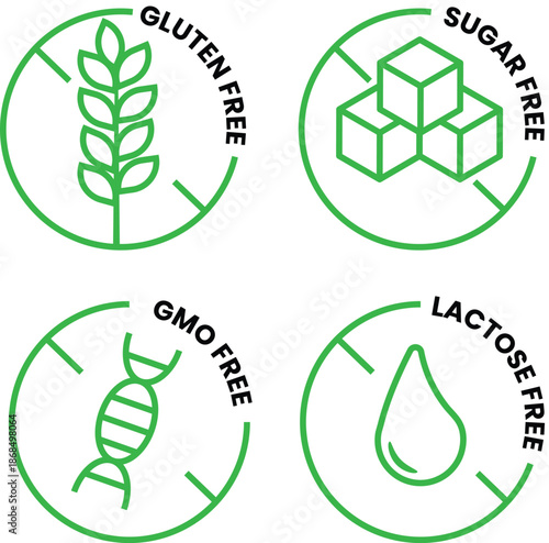 Healthy food labels for product packaging: Gluten-free, No added sugar, GMO-free, and Lactose-free signs