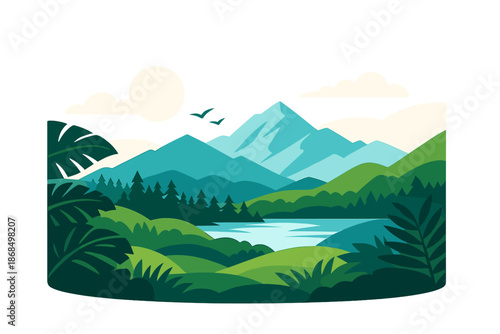 Abstract illustration of a nature-themed mountain, forest, and jungle landscape background in flat vector color, suitable for icons, logos, posters, banners, and flyers