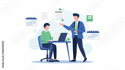 Two business professionals collaborating over a laptop in a minimalist office setting with a professional mood.