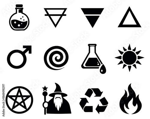 Simple alchemy and mystical symbols set featuring flasks, elemental signs, astrology, and a wizard for spiritual and magical projects
