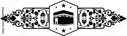 Decorative floral banner with Holy Kaaba and lanterns for Hajj and Ramadan Kareem vector illustration.