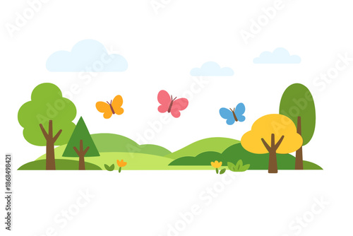 Butterflies and clouds hover above abstract landscape trees