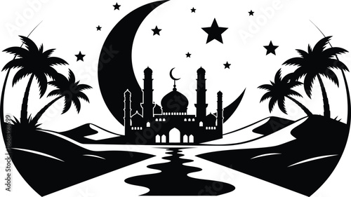 Circular Islamic mosque silhouette with sea waves and stars for Ramadan Kareem and Eid Mubarak vector design.