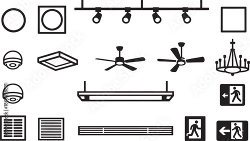 A collection of detailed lighting fixtures and ceiling fans presented in a minimalist, black-and-white style. This graphic resource offers a range of options for illuminating interior spaces.