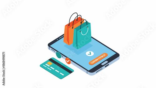 Isometric illustration of a smartphone with shopping bags and a credit card on a white background, representing online shopping.