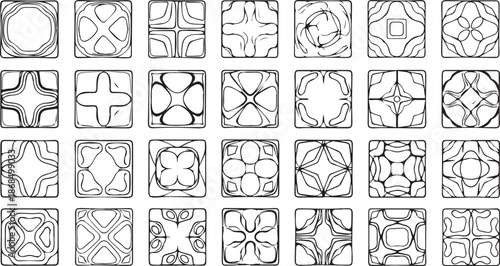 Minimalist Ornamental Square Frame Icons and Abstract Floral Geometric Pattern Symbols Set for Decorative Branding.