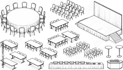 Arrangement of conference furniture and settings, illustrating the key components of an event setup.  