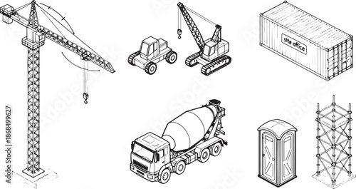 Illustration of Various Construction Equipment, Showcasing Essential Tools and Machinery for Building Projects.