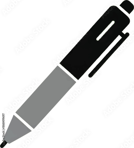 Minimalist black and grey ballpoint pen icon. Simple flat design graphic illustration for writing, office, school, education, and business projects.