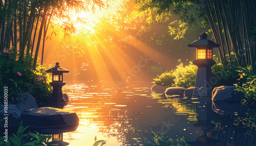 Dramatic sunbeams bamboo garden for meditation ad backgrounds. Glowing lantern river scene ideal for premium wellness branding. Cinematic morning light stream perfect for spa campaign visuals