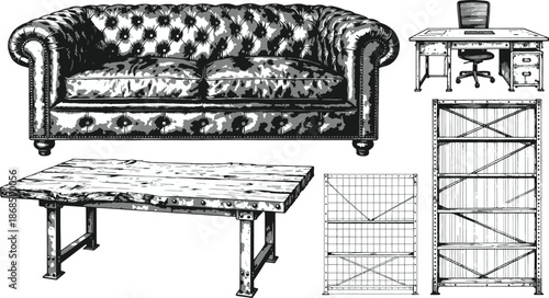 Vintage furniture collection, offering a diverse array of classic pieces, rendered in an antique illustration style. The image showcases the timeless elegance of interior design.