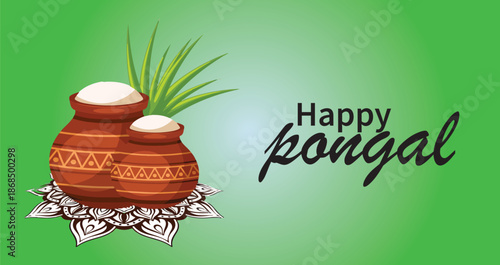 Happy Pongal Festival Greeting with Traditional Clay Pots and Sugarcane on a Green Background