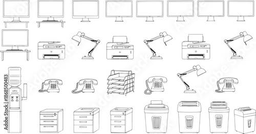 A Collection of Office Elements for Design and Business Purposes, Minimalist Line Art.