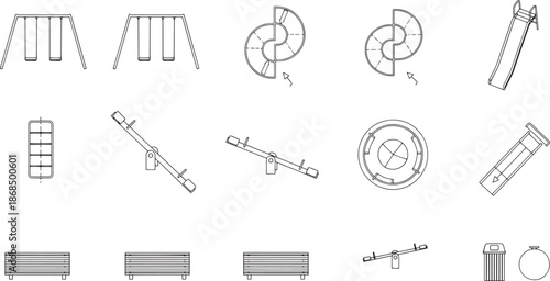 Detailed line drawing showcasing an array of playground equipment for outdoor recreation, featuring swings, slides, seesaw and more, highlighting design and structure for park environments.