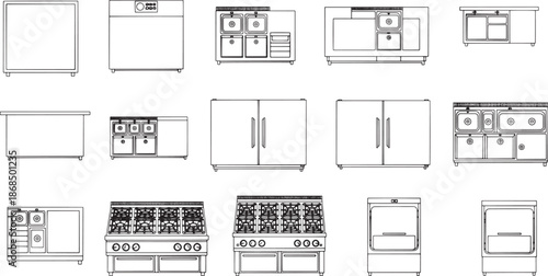 An array of commercial kitchen appliances, meticulously depicted with detailed architectural precision. This technical illustration showcases various pieces of restaurant equipment.