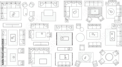 An intricate array of furniture layouts showcasing a variety of contemporary living room designs. Meticulously detailed.