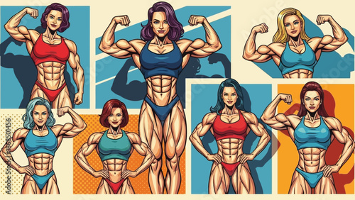 Muscular woman bodybuilder vector character set in comic pop art style