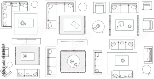 An array of meticulously rendered interior design plans, providing a comprehensive overview of various furniture layouts. This image showcases a range of arrangement possibilities, including sofas.