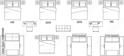 Illustrative schematic showcasing furniture layout, detailed in a clean, minimalist style. This image is a blueprint of various furniture arrangements. 