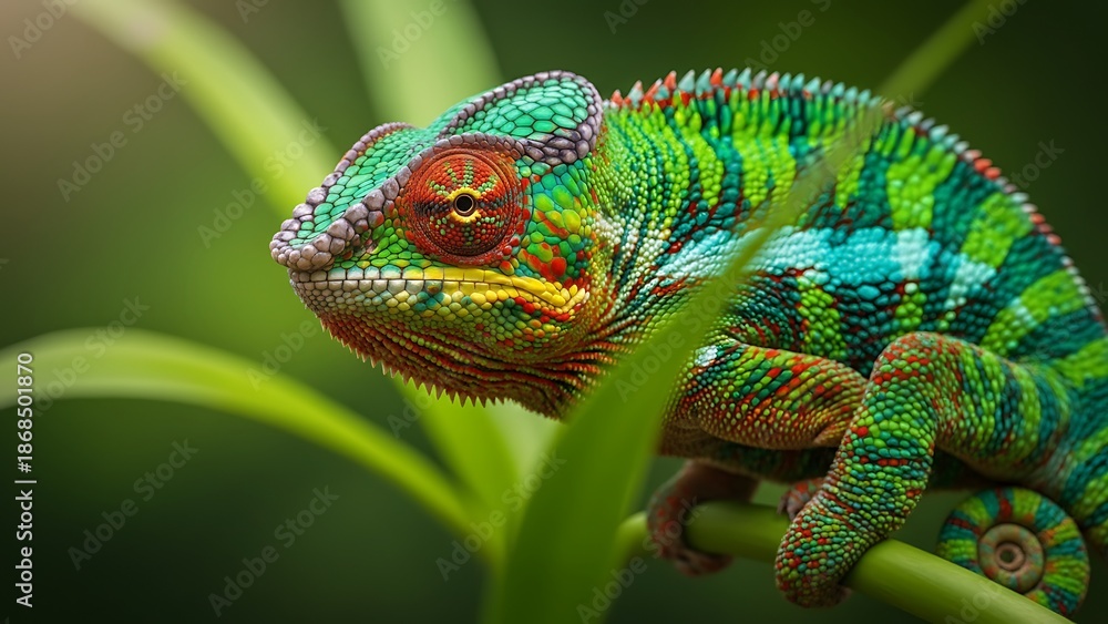 Obraz premium Vibrant forest animal colorful chameleon in tropical foliage