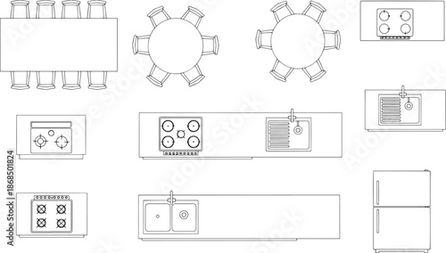 Minimalist overhead view of a kitchen space with various furniture arrangements. 
