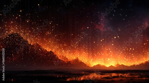 Glowing abstract landscape with fiery particles cascading over silhouetted mountains