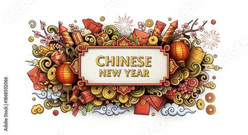 Isolated Chinese New Year Doodle Illustration on White Background