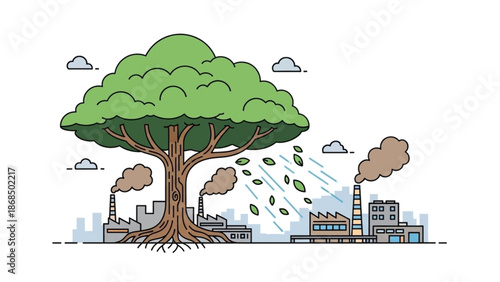 Ecology concept: Giant green tree cleans air pollution from industrial city skyline sustainability vector art.