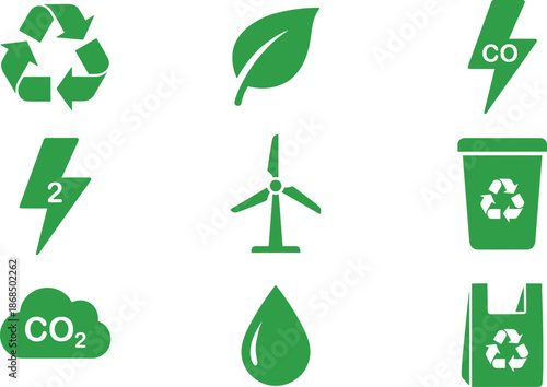 Green eco sustainability icons set, recycling symbols, renewable energy, CO2 reduction, wind power, clean environment, minimal flat vector design