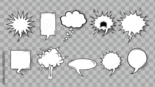 Comic Speech Bubbles Collection, Pop Art Expressions, Thought and Talk Clouds, Explosive Icon Set