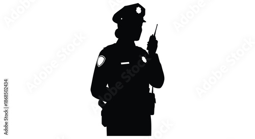 A stark black silhouette of a police officer communicating with a radio device silhouette