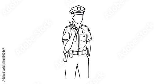 A detailed sketch of a police officer holding a radio presented as a silhouette