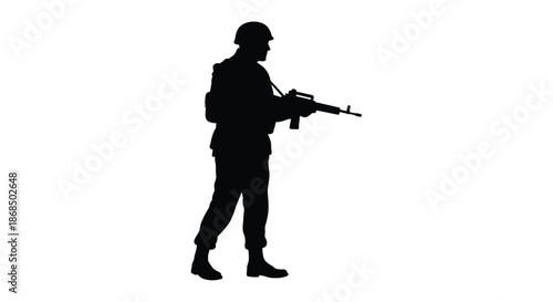 Armed soldier in uniform standing with a rifle a powerful black silhouette