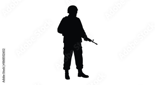 Standing soldier with rifle in a dark shape against a white background silhouette