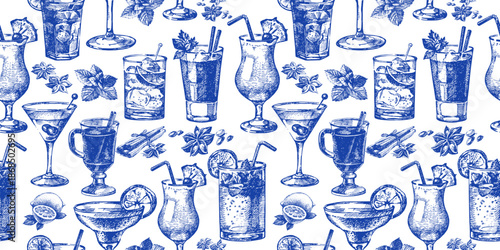 Hand drawn sketch seamless pattern of alcoholic cocktails. Vector isolated illustration