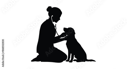 A veterinarian gently examining a dog showing care and compassion black silhouette