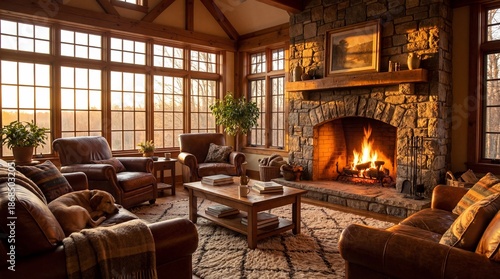 Cozy Living Room with Stone Fireplace and Natural Light during Sunset in Rustic Home