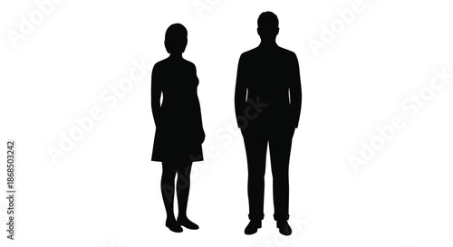 A simple depiction of a man and a woman standing side by side a dark silhouette