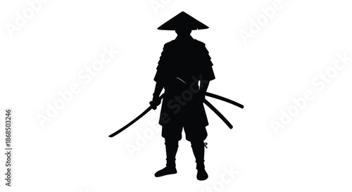 A striking black silhouette of a warrior with swords and traditional conical hat silhouette